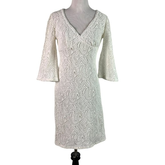 Trina Turk Dresses & Skirts - TRINA TURK Womens Size 2 White 3/4 Bell Sleeve V-Neck Crochet Knit Lined  Formal